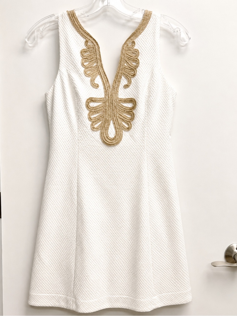 Lilly Pulitzer White Shift Dress | Gold Embroidery| Bridal Shower• Engagement
